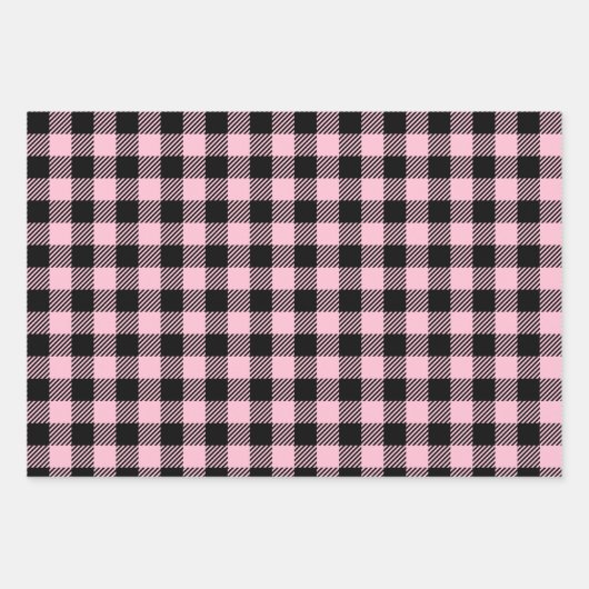 Hübsches Baby rosa und schwarzes Buffalo Kariert Geschenkpapier Set (Vorderseite 3)