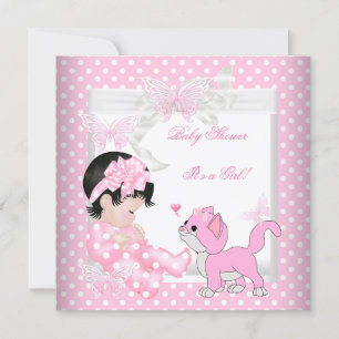 Hübsches Baby Shower Mädchen Rosa Punkt Kätzchen 3 Einladung
