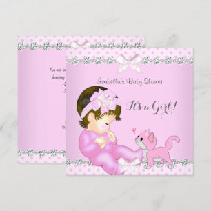 Hübsches Baby Shower Mädchen Rosa Punkte Kätzchen Einladung