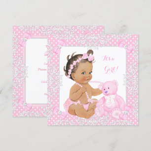 Hübsches Baby-Shower-Mädchen Spitze Rosa Bär Brüne Einladung