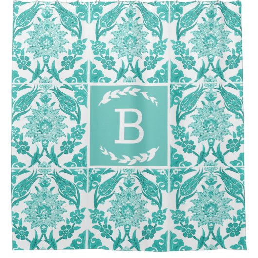 Hübsches Bauernhaus Blue Floral Tile & Laurels Duschvorhang (Vorderseite)