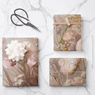 Hübsches Beiges Rosa Boho Blumen-  Geschenkpapier Set