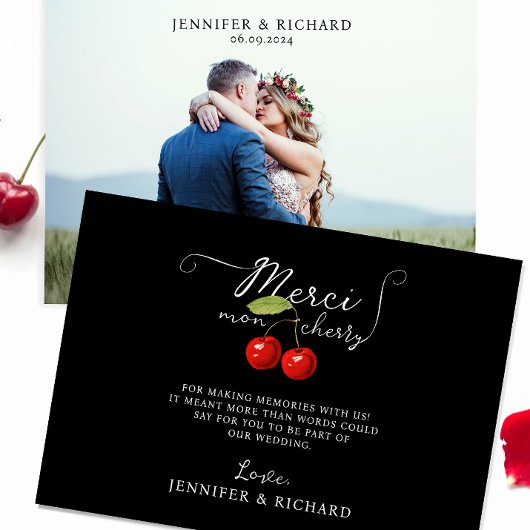 Hübsches Black Red Cherry Rustic Wedding Foto Dankeskarte