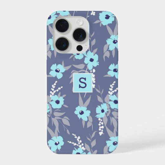 Hübsches Blau Blüten Muster Monogramm / Initiale iPhone Hülle (Rückseite)