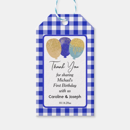 Hübsches Blau Gingham & 3 Glitzerballons Geburtsta Geschenkanhänger (Vorderseite)