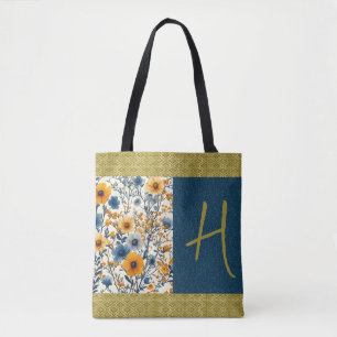Hübsches Blau und Gelb Vintage Blüten individuell Tasche