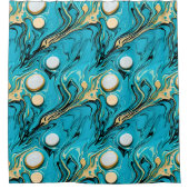 Hübsches Blau und Gold Fluid Art Abstrakte Blasen Duschvorhang (Vorderseite)