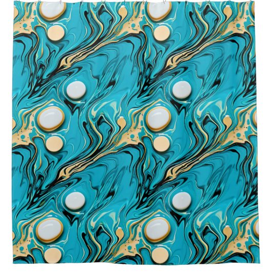 Hübsches Blau und Gold Fluid Art Abstrakte Blasen Duschvorhang (Vorderseite)