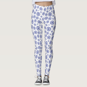 Hübsches Blau und Weiß Abstrakt Daisy Muster Leggings