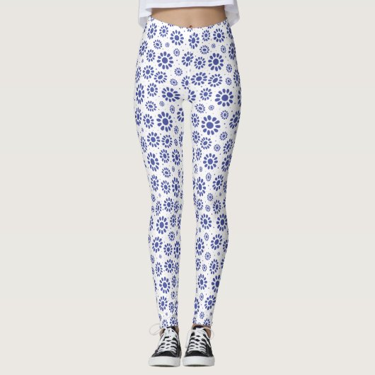 Hübsches Blau und Weiß Abstrakt Daisy Muster Leggings (Vorderseite)