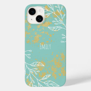 Hübsches Blau Weiß Goldfolie Personalisiertes Flor Case-Mate iPhone 14 Hülle