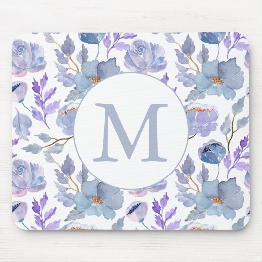 Hübsches blaues Lilac-Aquarellfarbenmonogramm Mousepad (Vorne)