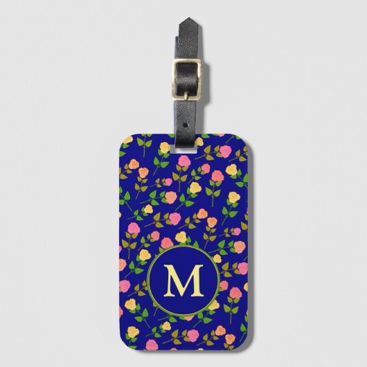 Hübsches blaues Rosenmuster Monogramm Gepäckanhänger (Vorderseite Vertikal)