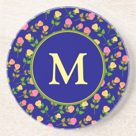 Hübsches blaues Rosenmuster Monogramm Getränkeuntersetzer (Vorne)