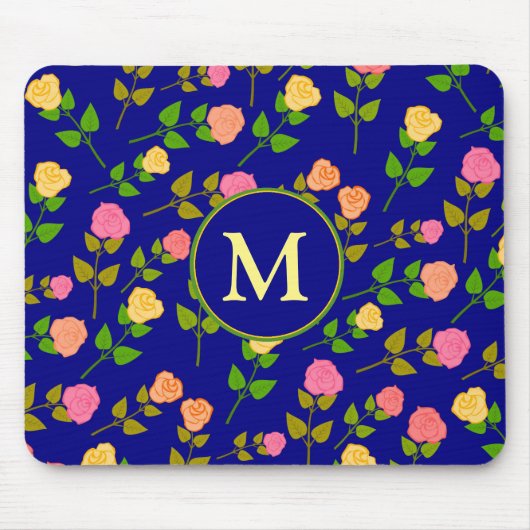 Hübsches blaues Rosenmuster Monogramm Mousepad (Vorne)