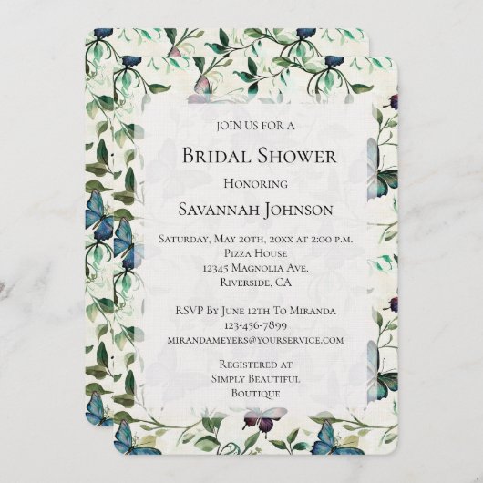 Hübsches blaues SchmetterlingsBrautparty Einladung (Vorne/Hinten)