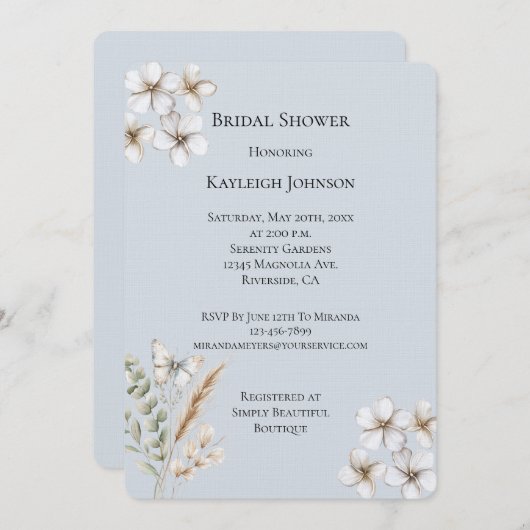 Hübsches blaues Schmetterlingsflora-Brautparty Einladung (Vorne/Hinten)