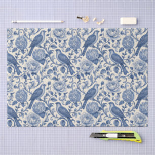 Hübsches blaues Toile De Jouy Vogel- und Blumenmus Seidenpapier