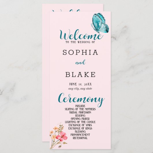 Hübsches Blue Butterfly Pink Hochzeitsprogramm (Vorne/Hinten)