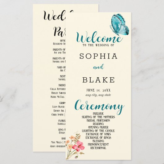 Hübsches Blue Butterfly Yellow Wedding Programm (Vorne/Hinten)