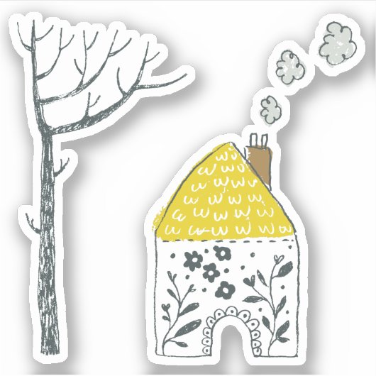 Hübsches, blumengelbes Haus nackter Baum Aufkleber (Vorderseite)