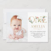 Hübsches Blumengold Erster Geburtstag Foto Einladung (Vorderseite)