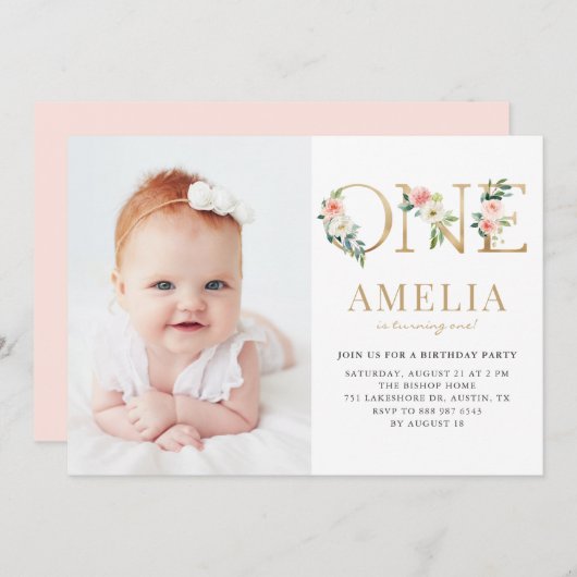 Hübsches Blumengold Erster Geburtstag Foto Einladung (Vorne/Hinten)