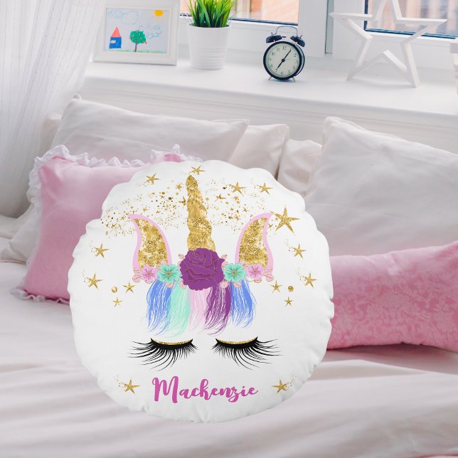 Hübsches Blumenhorn Rundes Kissen (Pretty Floral Unicorn Round Pillow)