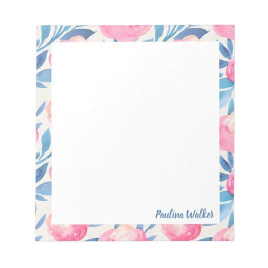 Hübsches Blumenmuster Farbe Rosa Blauer Name Notizblock (Vorderseite)