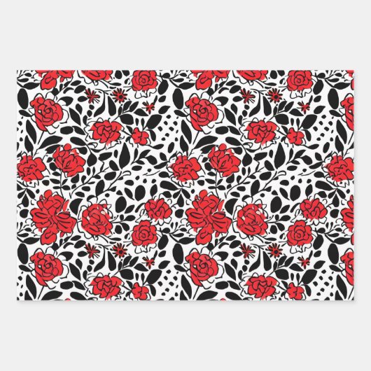 Hübsches Blumenmuster in Rot, Schwarz und Weiß Geschenkpapier Set (Vorderseite 3)