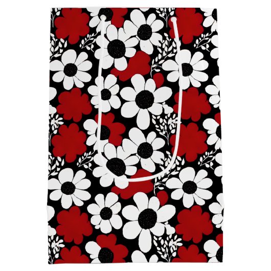 Hübsches Blumenmuster in Rot, Schwarz und Weiß Mittlere Geschenktüte (Rückseite)