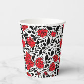 Hübsches Blumenmuster in Rot, Schwarz und Weiß Pappbecher (Rückseite)
