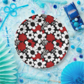 Hübsches Blumenmuster in Rot, Schwarz und Weiß Pappteller (Party)