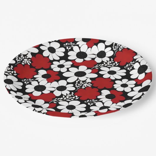 Hübsches Blumenmuster in Rot, Schwarz und Weiß Pappteller (Schrägansicht)