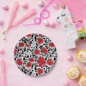 Hübsches Blumenmuster in Rot, Schwarz und Weiß Pappteller (Party)