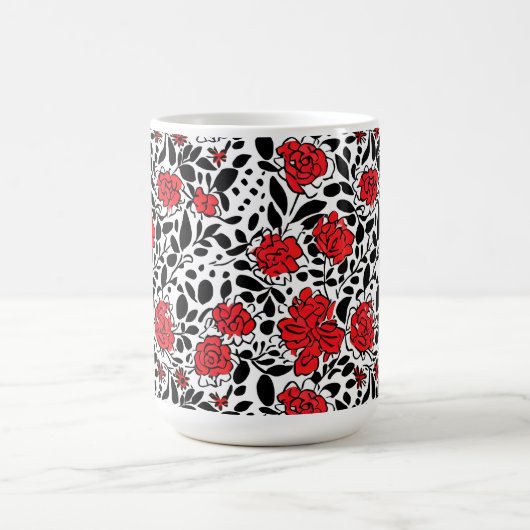 Hübsches Blumenmuster in Rot, Schwarz und Weiß Verwandlungstasse (Zentrum)