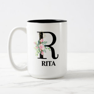 Hübsches Blumenmuster R mit Monogramm Alphabet Zweifarbige Tasse