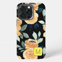 Hübsches Blumenmuster Schwarz Beige Blau Initial