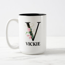 Hübsches Blumenmuster V mit Monogramm Alphabet Zweifarbige Tasse