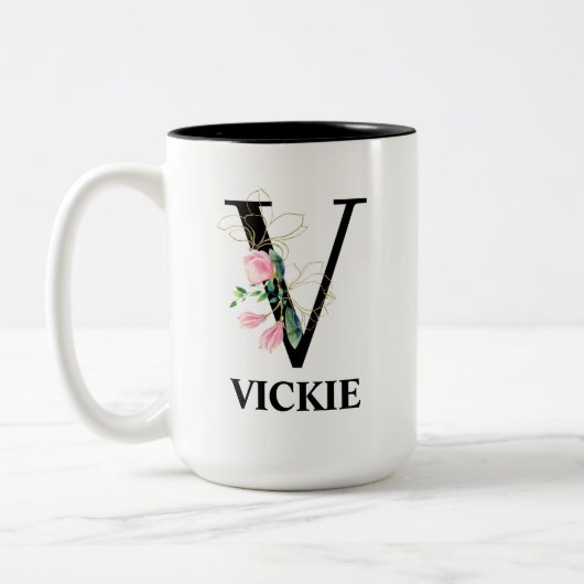 Hübsches Blumenmuster V mit Monogramm Alphabet Zweifarbige Tasse (Links)
