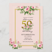 Hübsches Blumenrosa und Gold 50. Geburtstag Einladung (Vorne/Hinten)