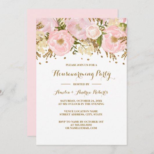 Hübsches Blush Pink Gold Blumenkolorbäume Party Einladung (Vorne/Hinten)