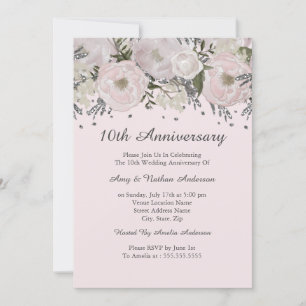Hübsches Blush Rosa Silber Blumen 10. Hochzeitstag Einladung