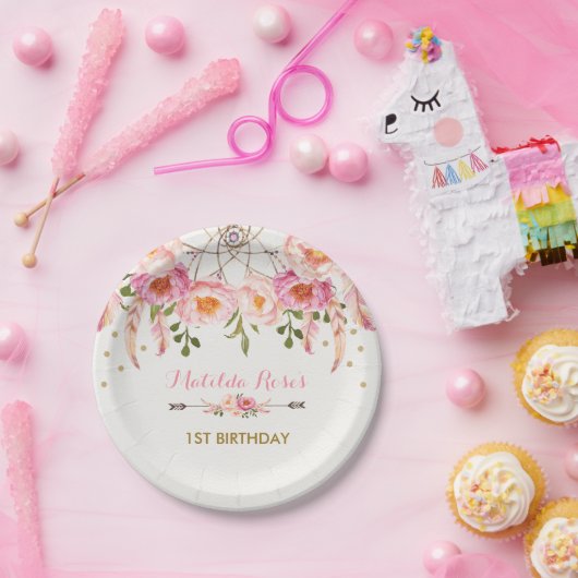 Hübsches Bohemisches BlumenDreamcatcher/Rosa u. Pappteller (Party)