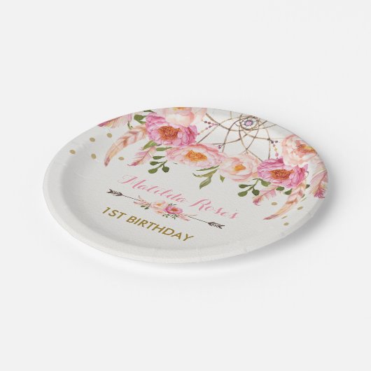 Hübsches Bohemisches BlumenDreamcatcher/Rosa u. Pappteller (Schrägansicht)