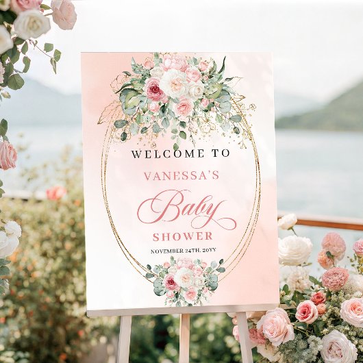 Hübsches Boho-Rosa-Rosen-Babyshower-Willkommenssch Poster