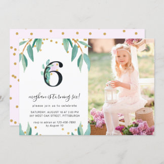 Hübsches botanisches 6. Geburtstagsparty-Foto Einladung