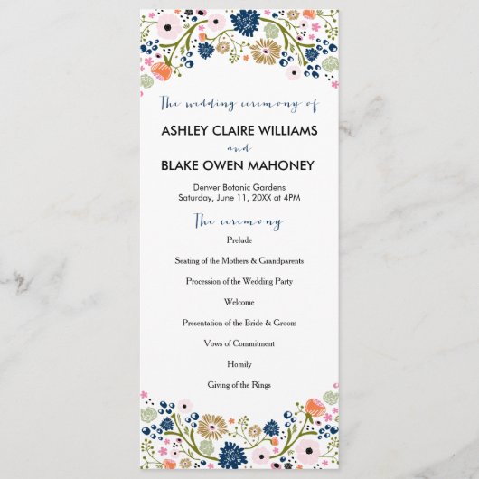 Hübsches Bouquet Floral Wedding Program | Dunkelbl Programm (Vorderseite)