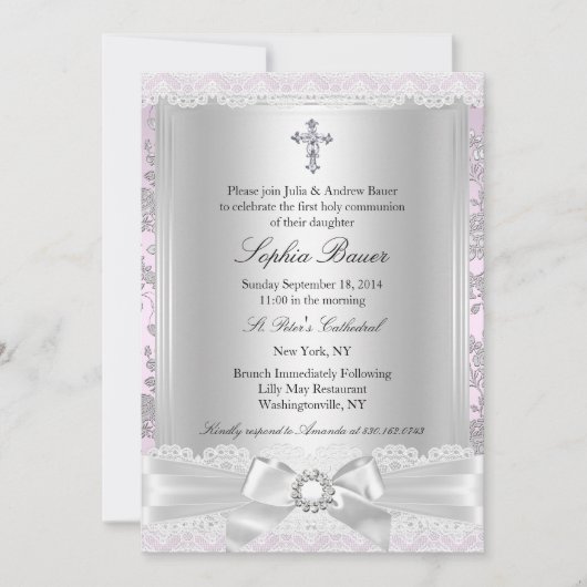 Hübsches Bow Cross Erste Kommune Lila Einladung (Vorderseite)