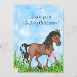 Hübsches Braunes Pferd und Schmetterlinge zum Gebu Einladung